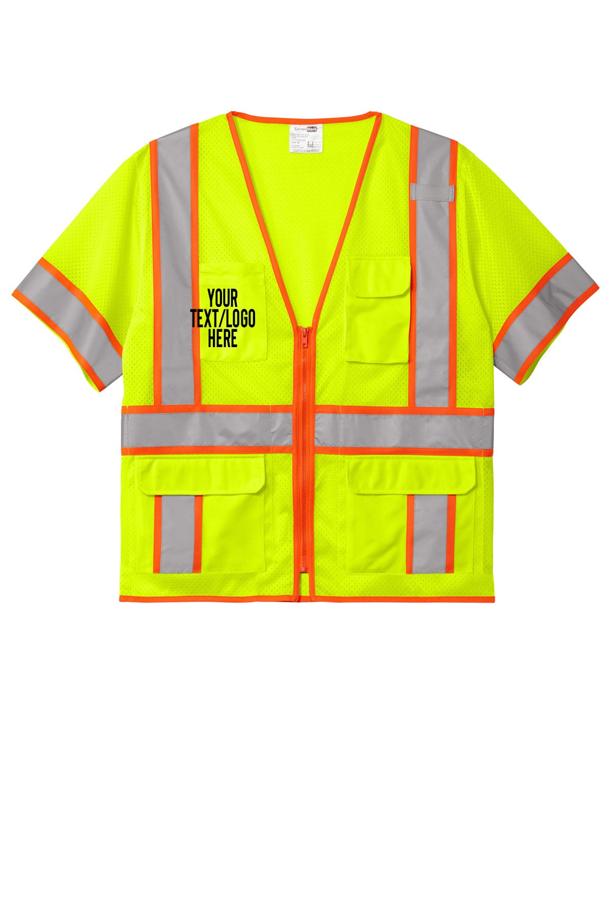 CSV106 CornerStone ANSI 107 Class 3 Surveyor Mesh Zippered Two-Tone Short Sleeve Vest Custom w/ Solid or Reflective Print