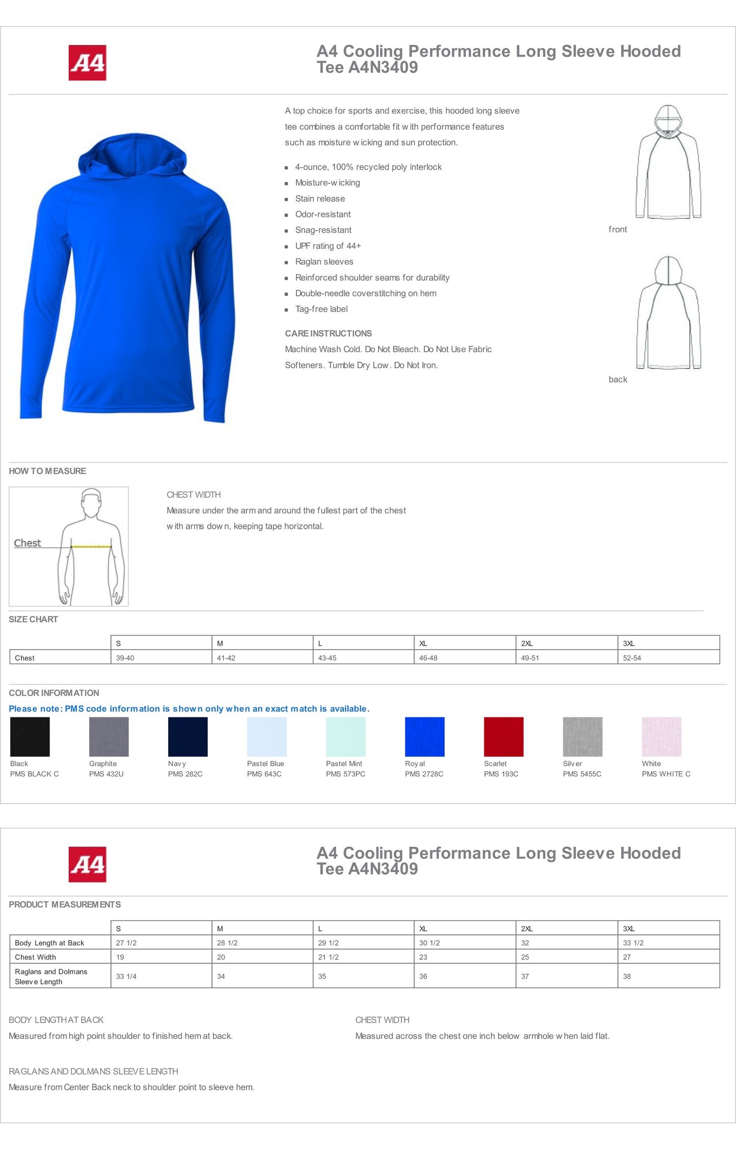 A4 Cooling Performance Long Sleeve Hooded Tee 44+ UPF - N3409