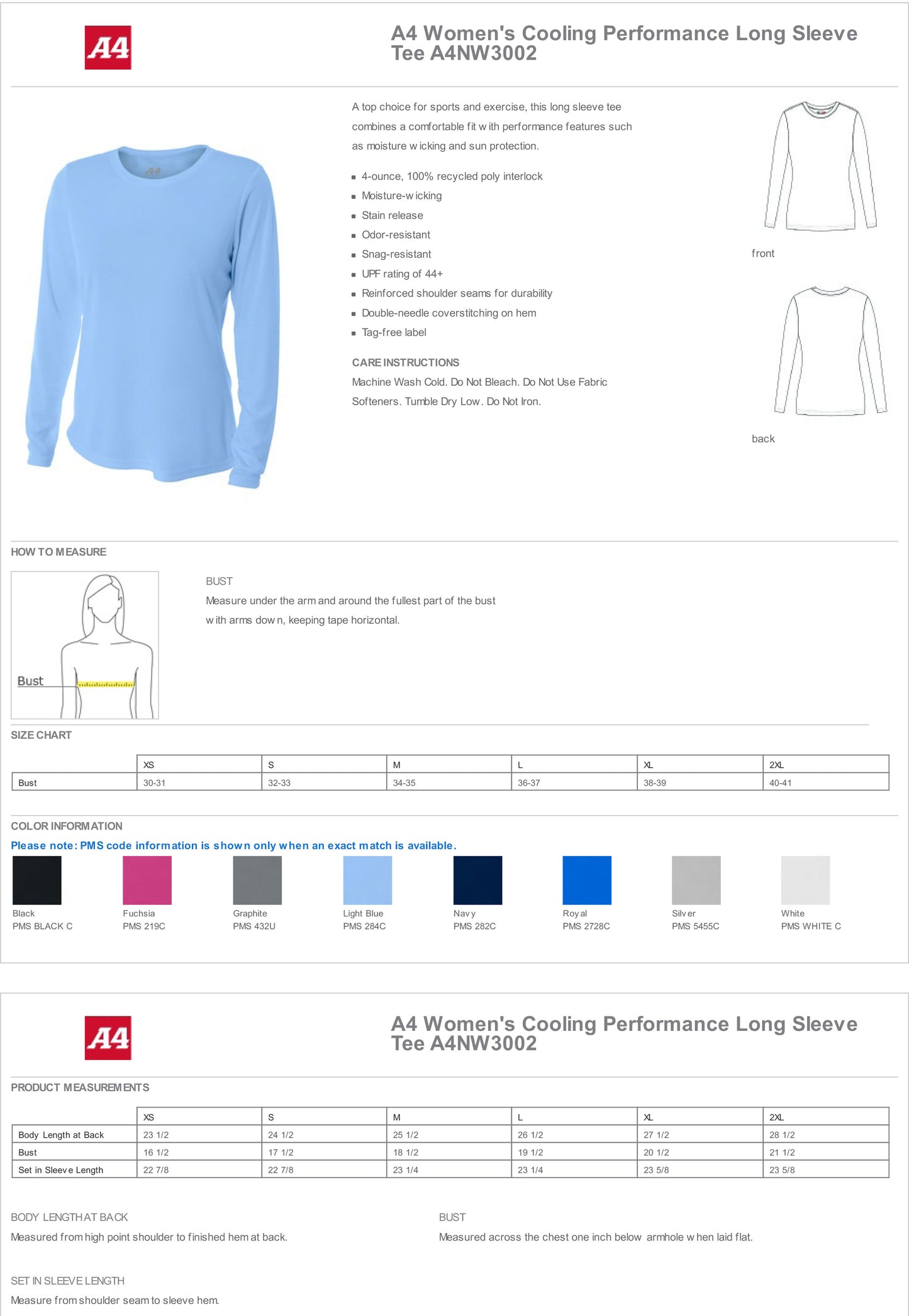 A4 - Women's Cooling Performance Long Sleeve T-Shirt 44+UPF - NW3002