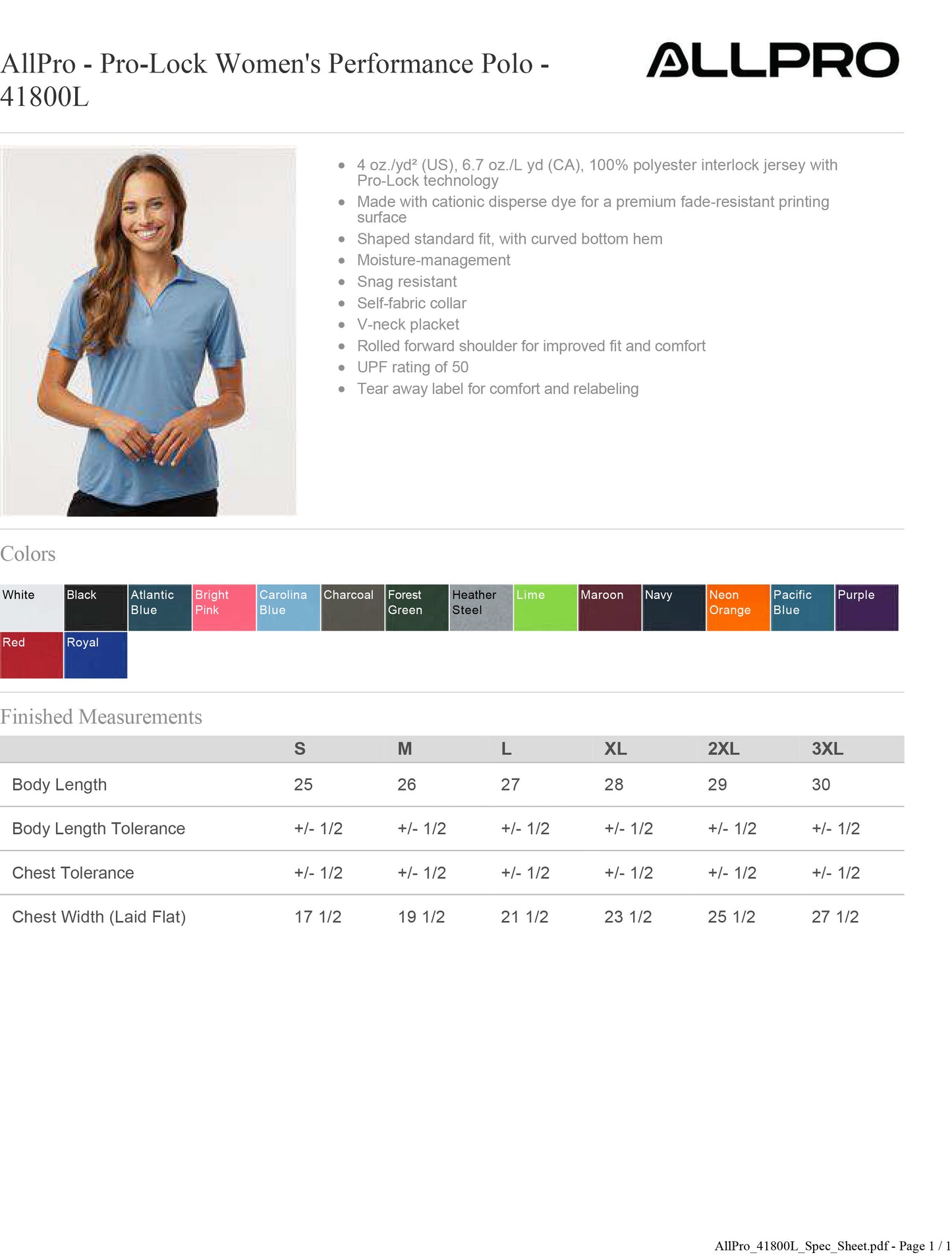 AllPro - Pro-Lock Women's Performance Polo - 41800L