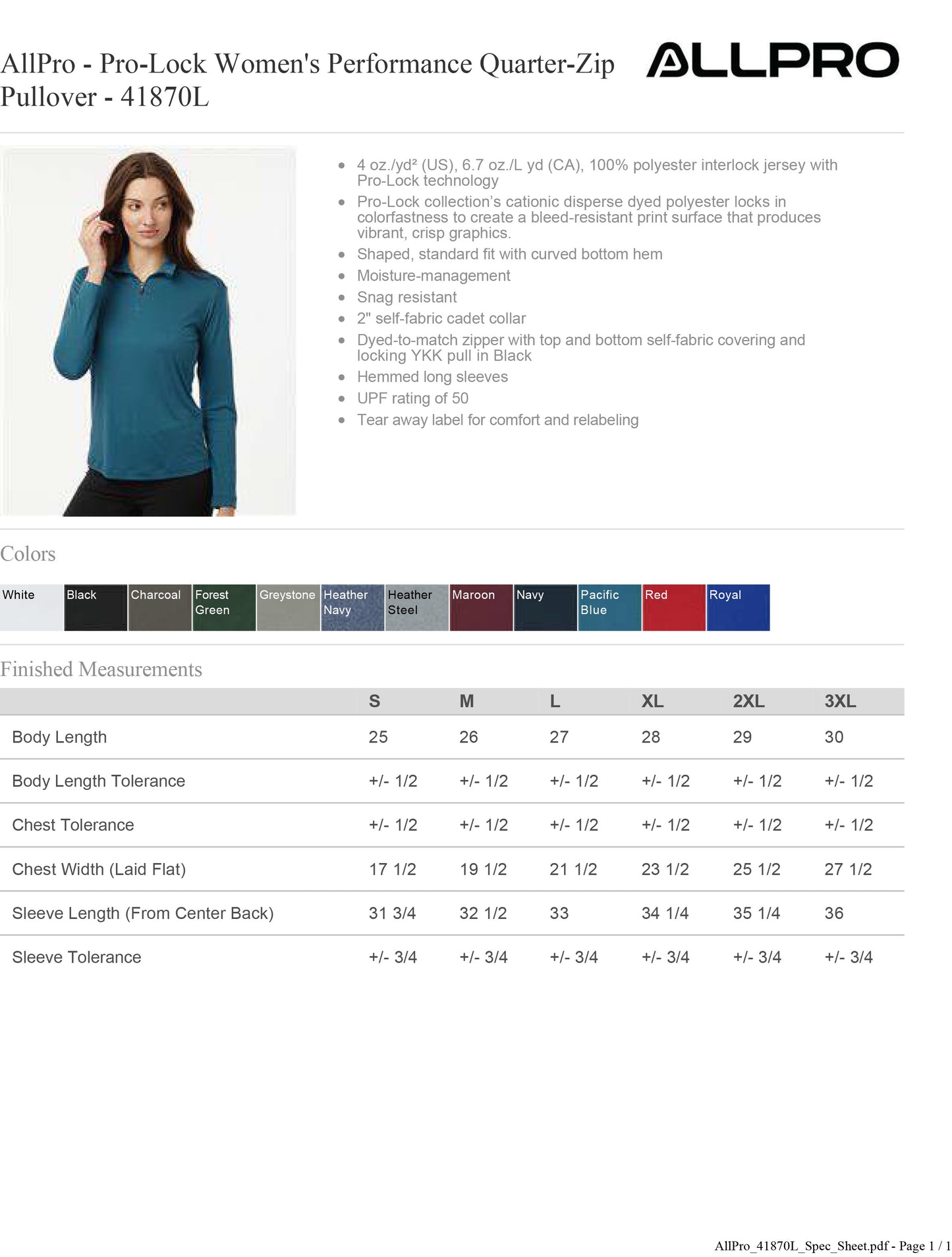 AllPro - Pro-Lock Women's Performance Quarter-Zip Pullover 50+ UPF - 41870L
