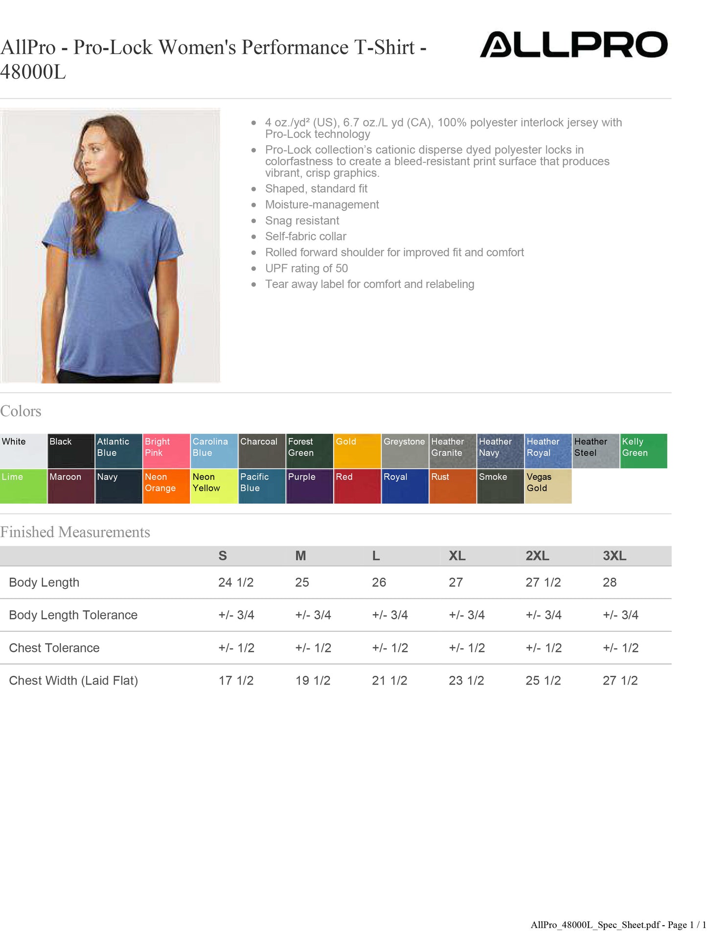 AllPro - Pro-Lock Women's Performance T-Shirt 50+ UPF - 48000L