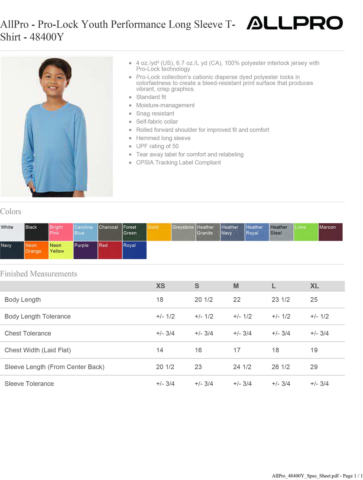 YOUTH AllPro - Pro-Lock Youth Performance Long Sleeve T-Shirt 50+ UPF - 48400Y