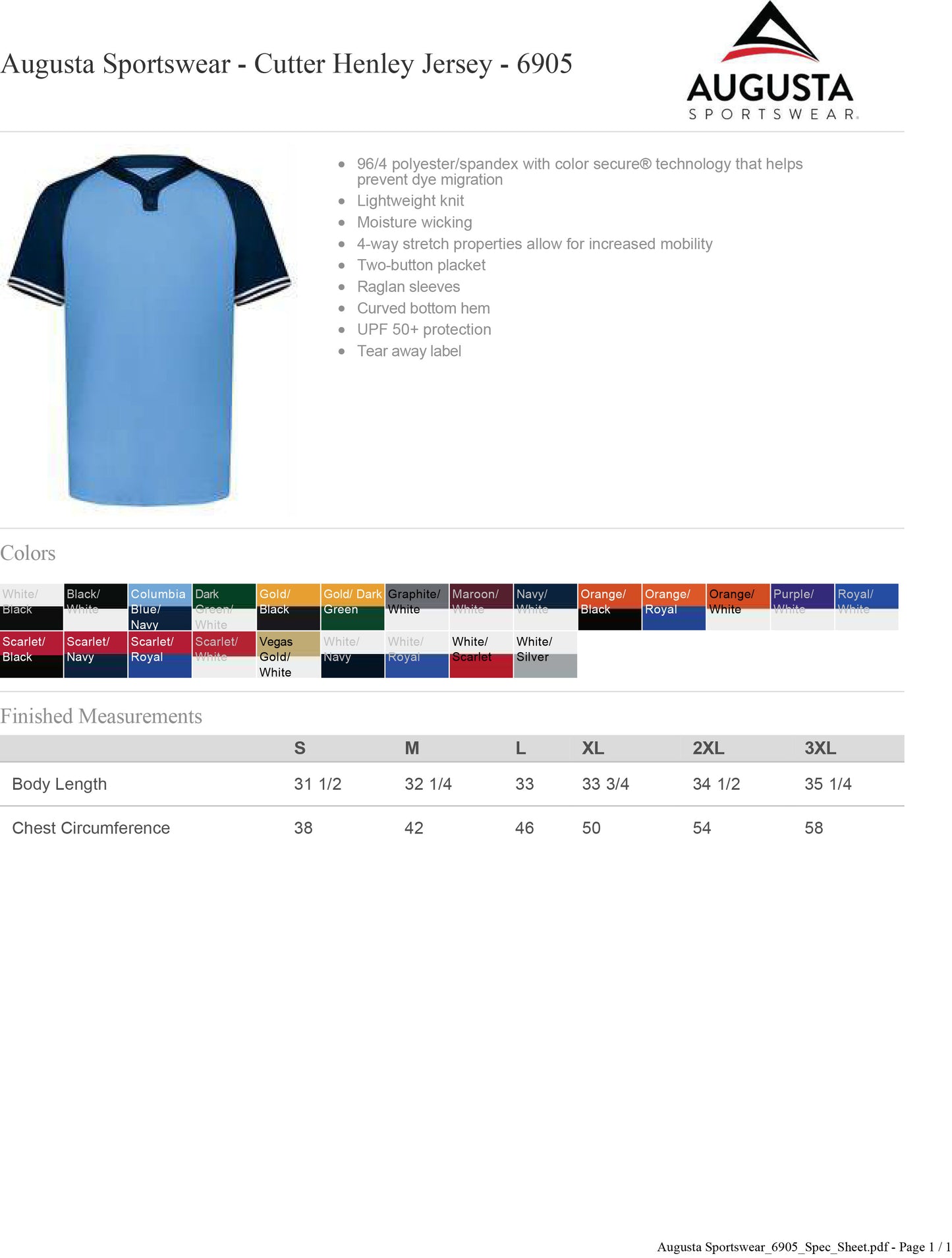 Adult Augusta Sportswear - Cutter Henley Jersey 50+ UPF - 6905