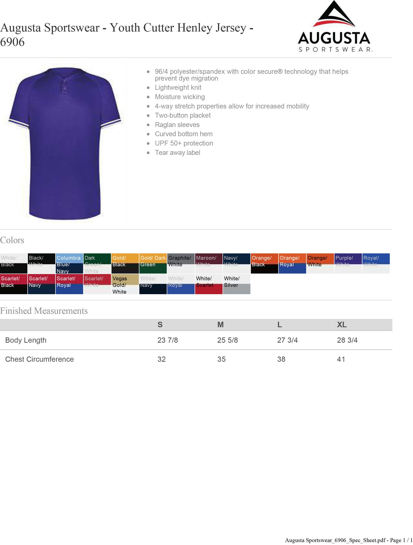 Adult Augusta Sportswear - Cutter Henley Jersey 50+ UPF - 6905