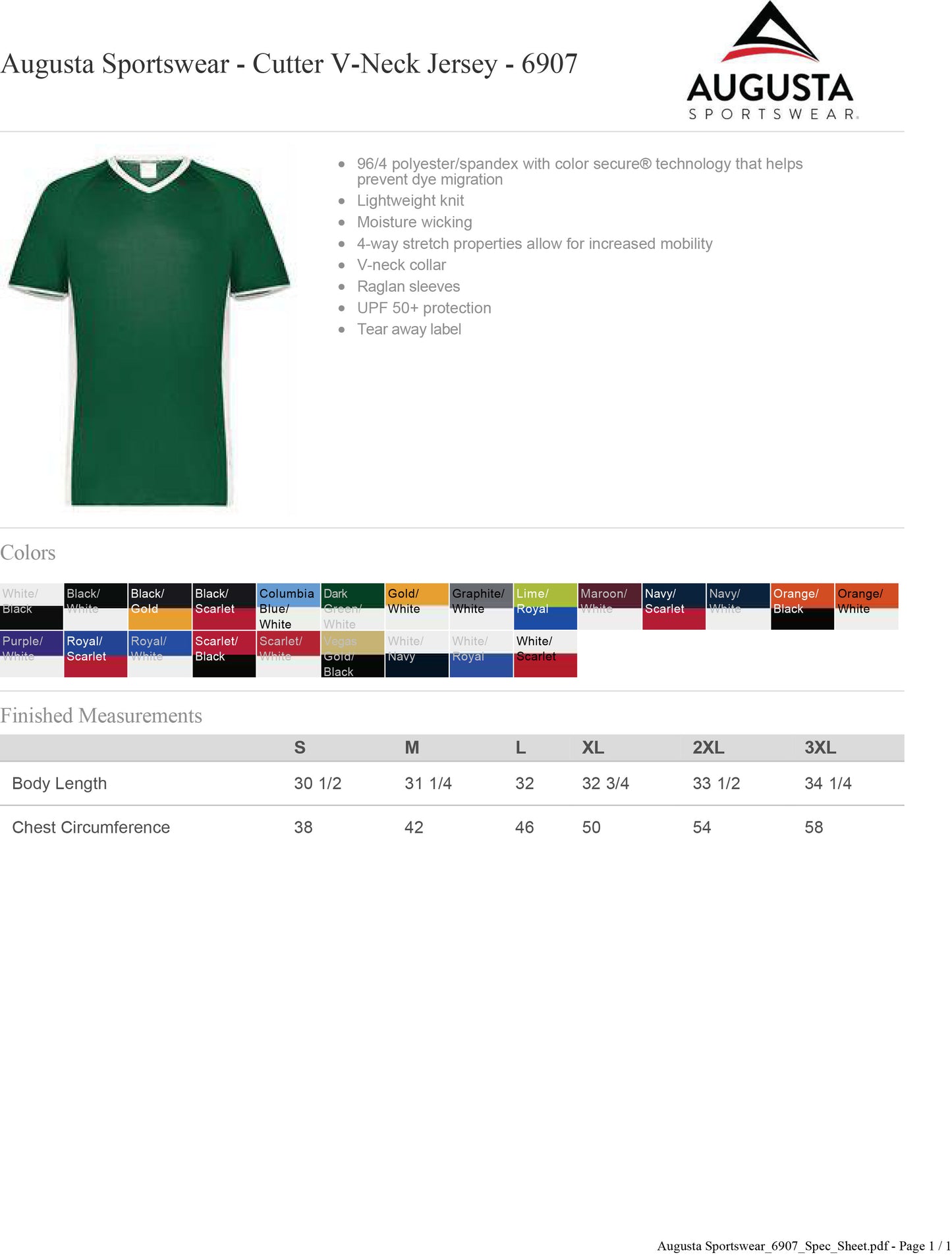 ADULT Augusta Sportswear - Cutter V-Neck Jersey +50 UPF- 6907