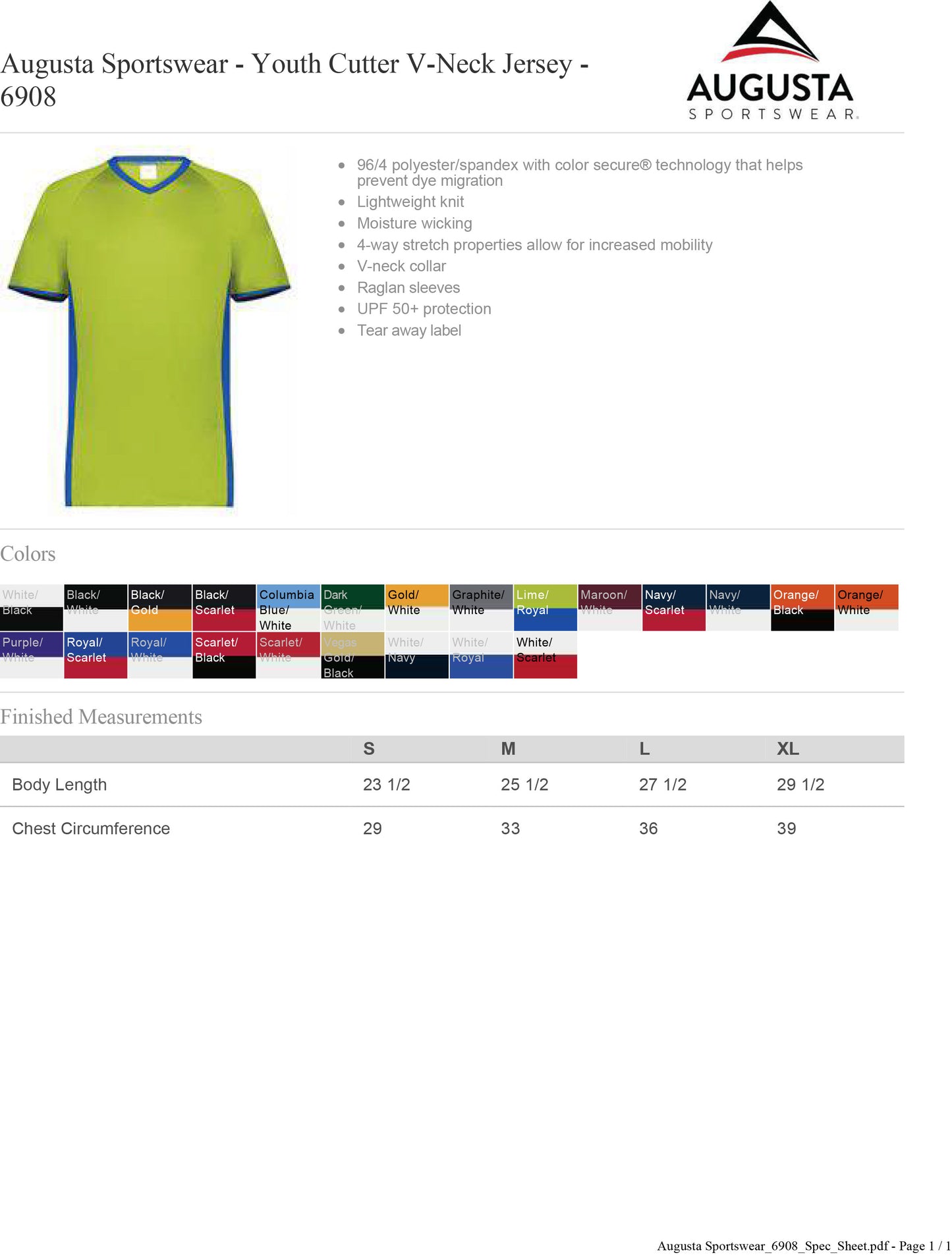 Youth Augusta Sportswear - Cutter V-Neck Jersey +50 UPF- 6908