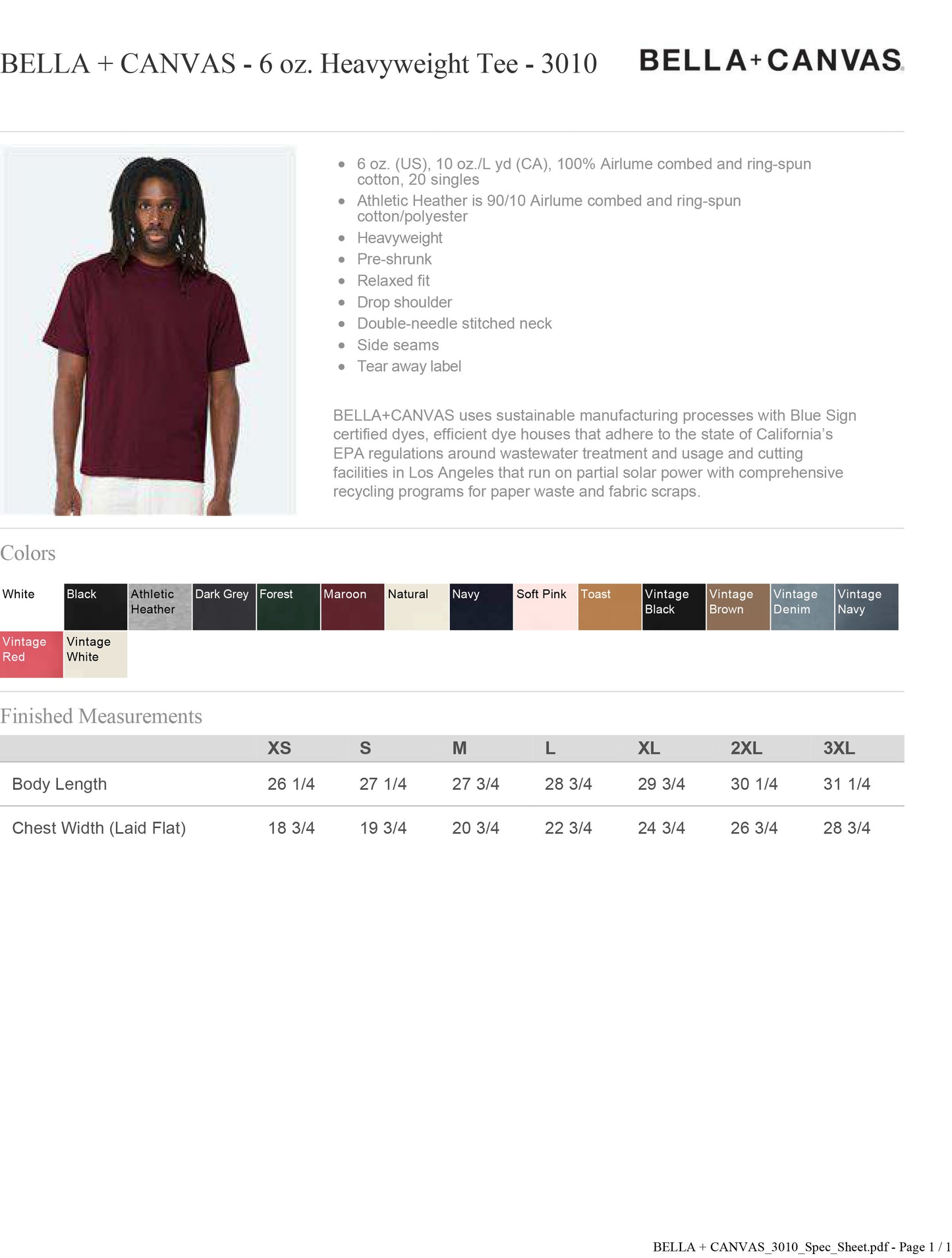 BELLA + CANVAS - 6 oz. Heavyweight Tee - 3010