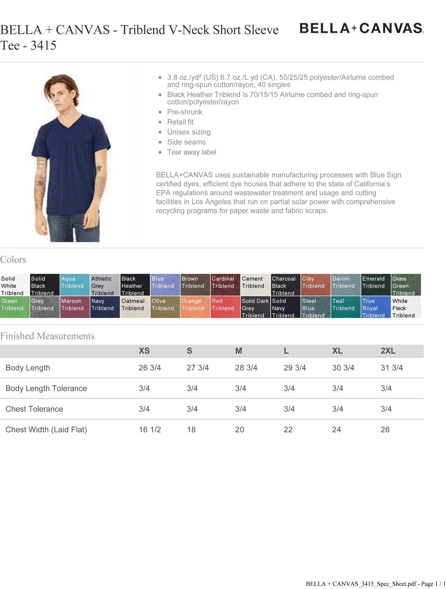 BELLA + CANVAS - Triblend V-Neck Short Sleeve Tee - 3415