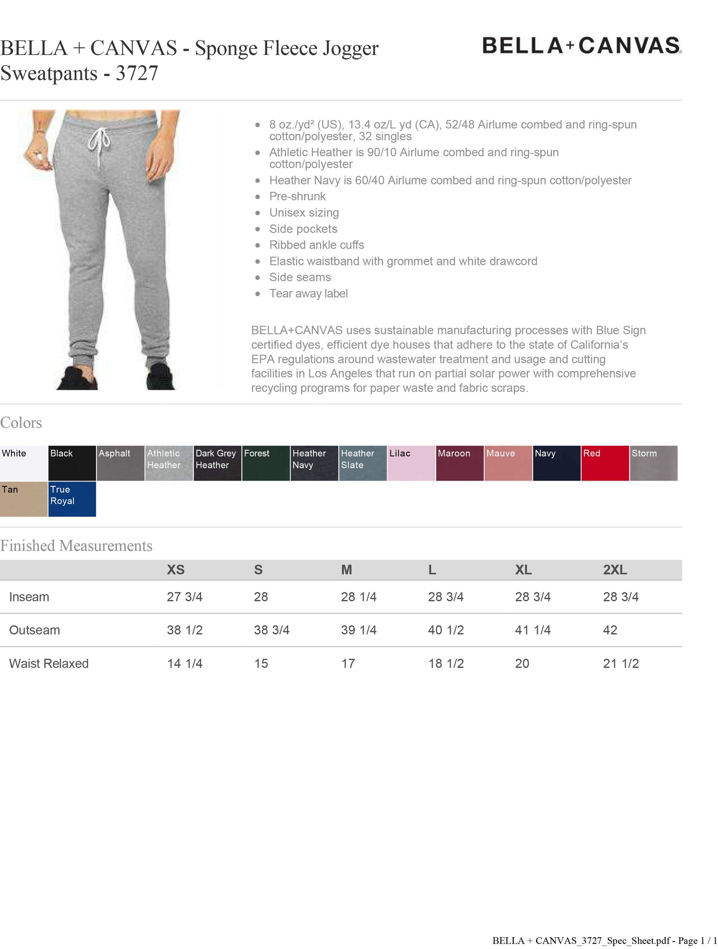 BELLA + CANVAS - Sponge Fleece Jogger Sweatpants - 3727