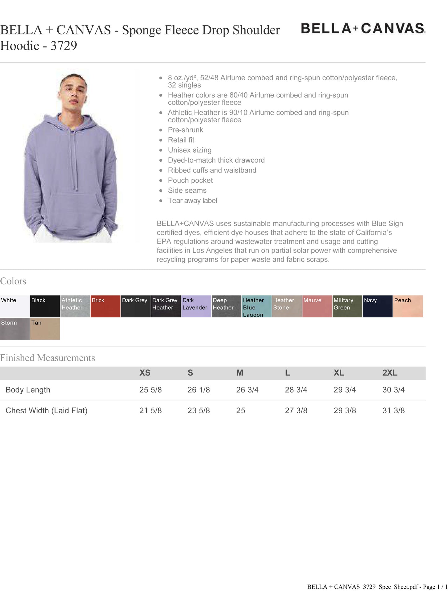 BELLA + CANVAS - Sponge Fleece Drop Shoulder Hoodie - 3729