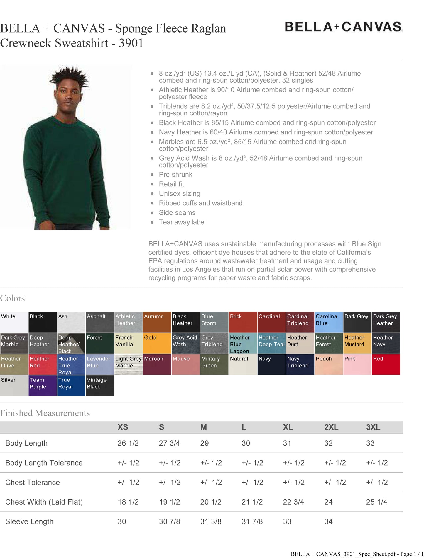 BELLA + CANVAS - Sponge Fleece Raglan Crewneck Sweatshirt - 3901