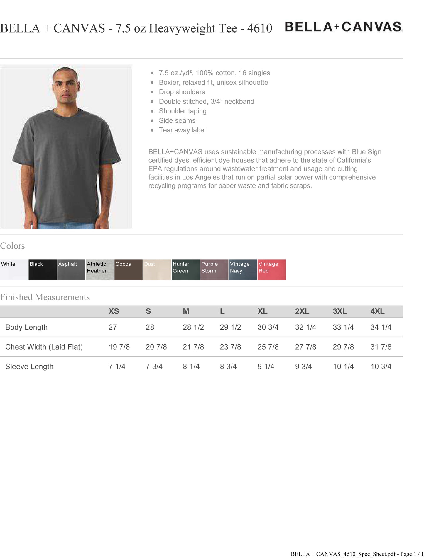 BELLA + CANVAS - 7.5 oz Heavyweight Tee - 4610