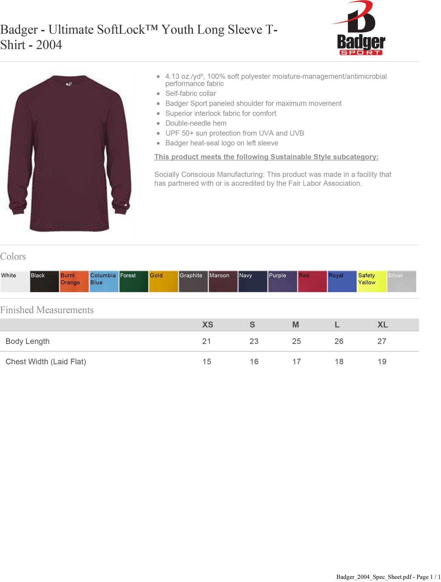 YOUTH Badger - Ultimate SoftLock™ Youth Long Sleeve T-Shirt 50+ UPF- 2004