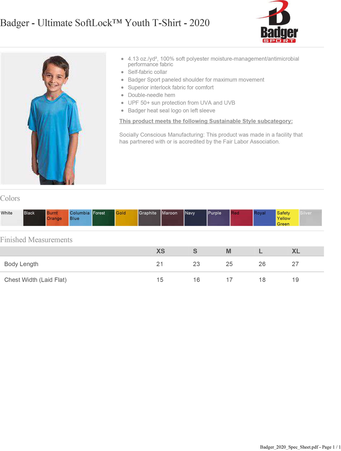 YOUTH Badger - Ultimate SoftLock™ Youth T-Shirt 50+ UPF - 2020