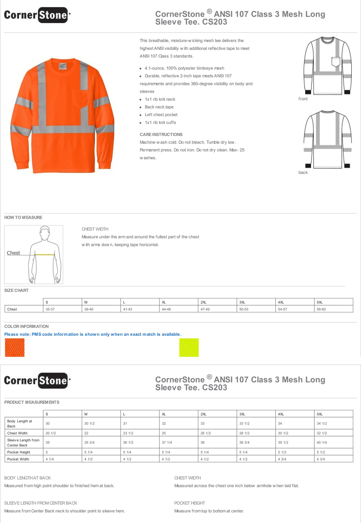CS203 CornerStone® ANSI 107 Class 3 Mesh Long Sleeve Tee Custom w/ Solid or Reflective Print