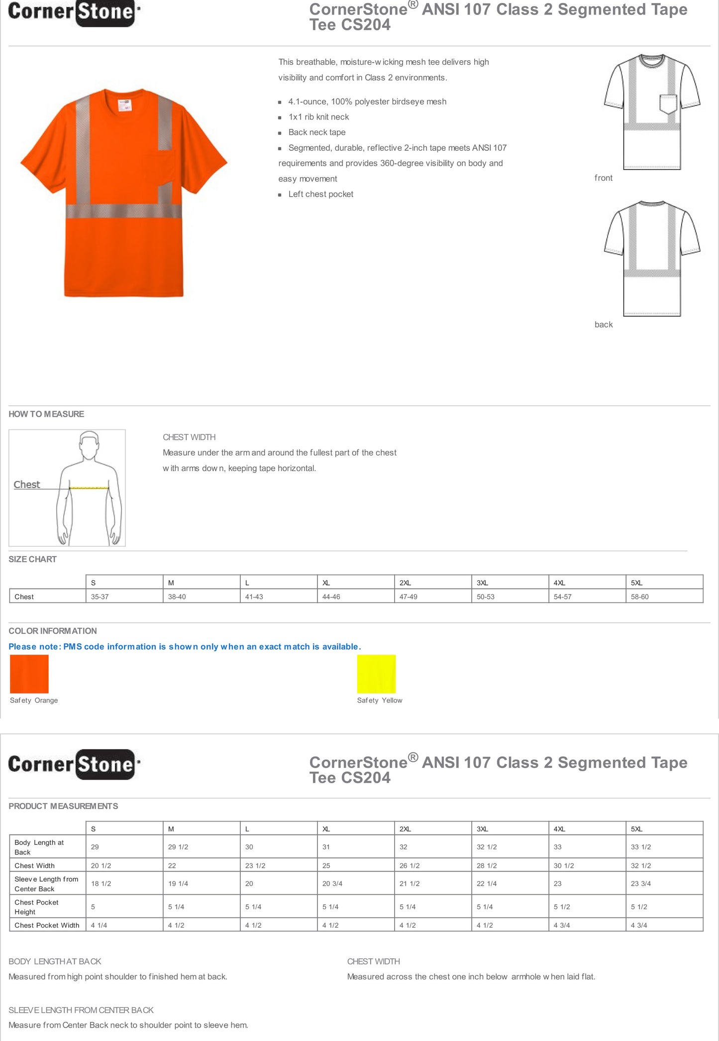CS204 CornerStone® ANSI 107 Class 2 Segmented Tape Tee Custom w/ Solid or Reflective Print