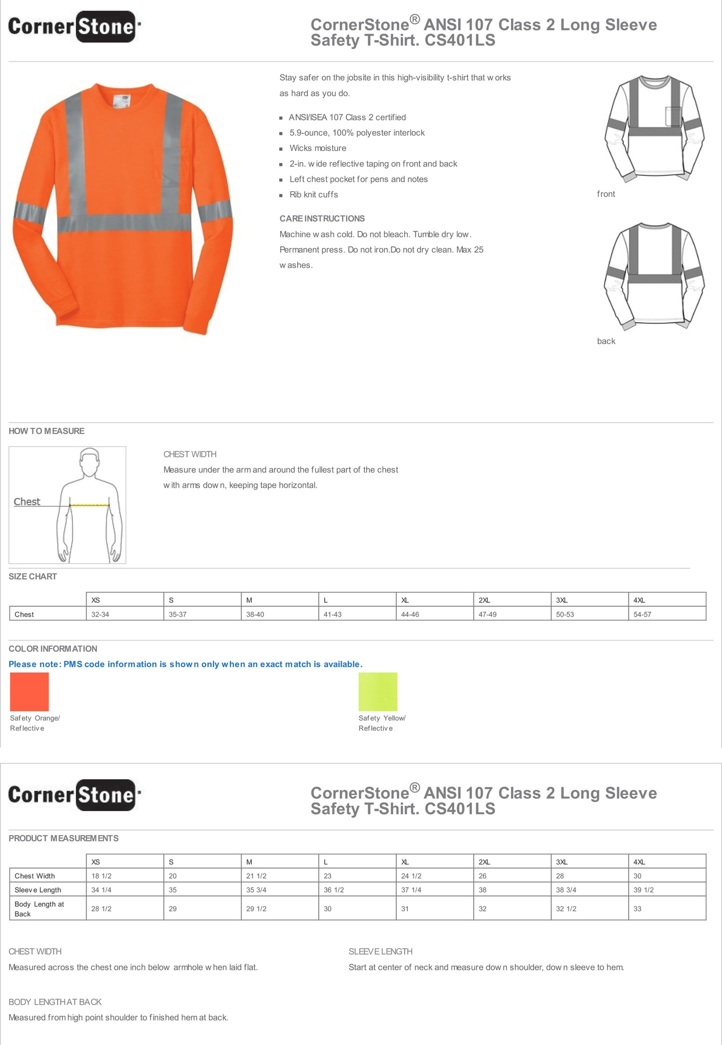 CS401LS CornerStone® ANSI 107 Class 2 Long Sleeve Safety T-Shirt Custom w/ Solid or Reflective Print