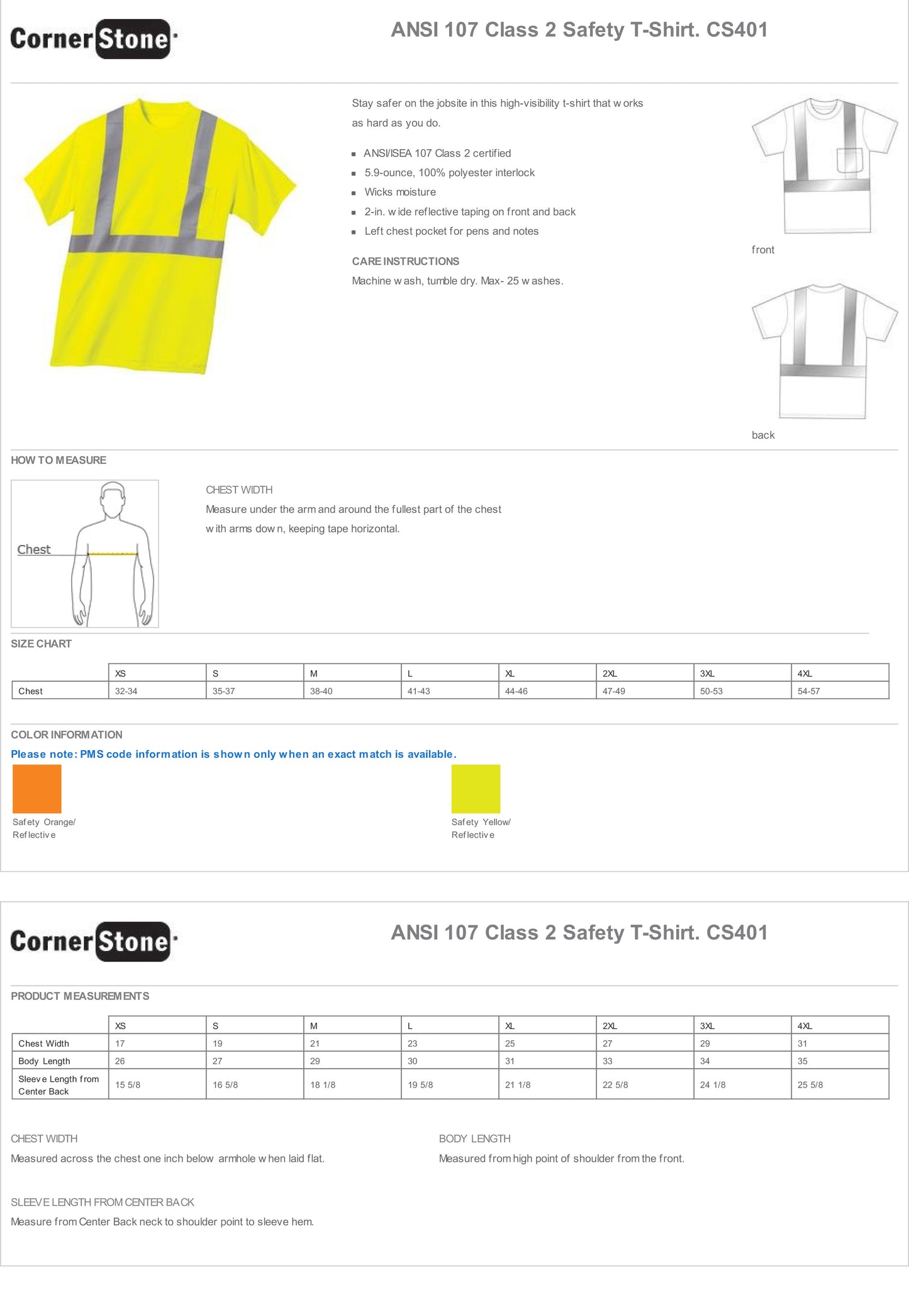 CS401 CornerStone® - ANSI 107 Class 2 Safety T-Shirt Custom w/ Solid or Reflective Print