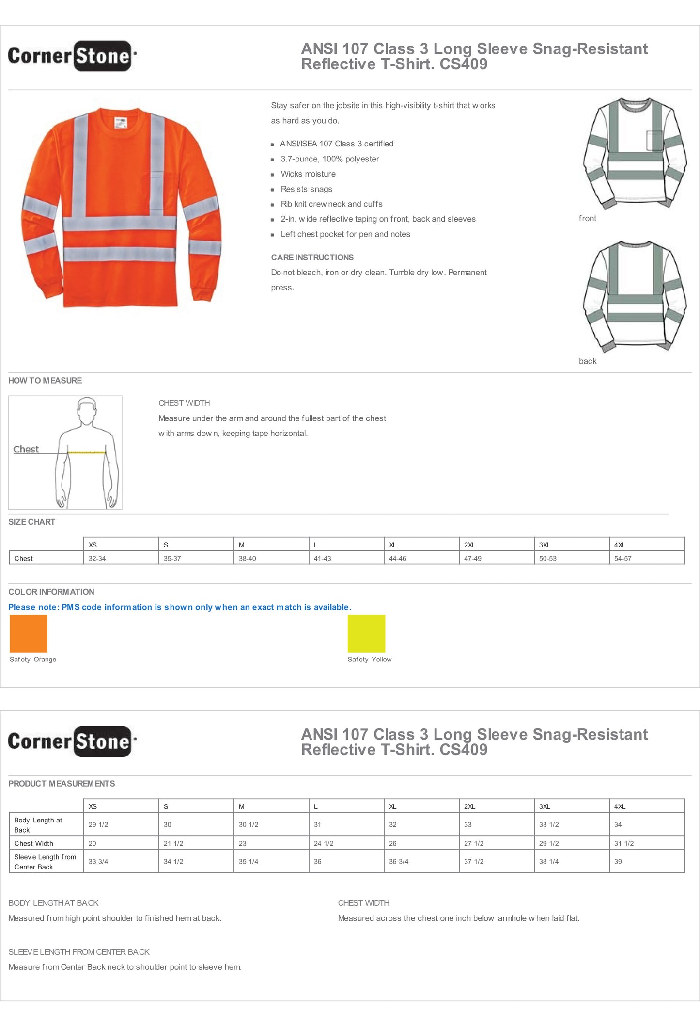 CS409 CornerStone® - ANSI 107 Class 3 Long Sleeve Snag-Resistant Reflective T-Shirt Custom w/ Solid or Reflective Print