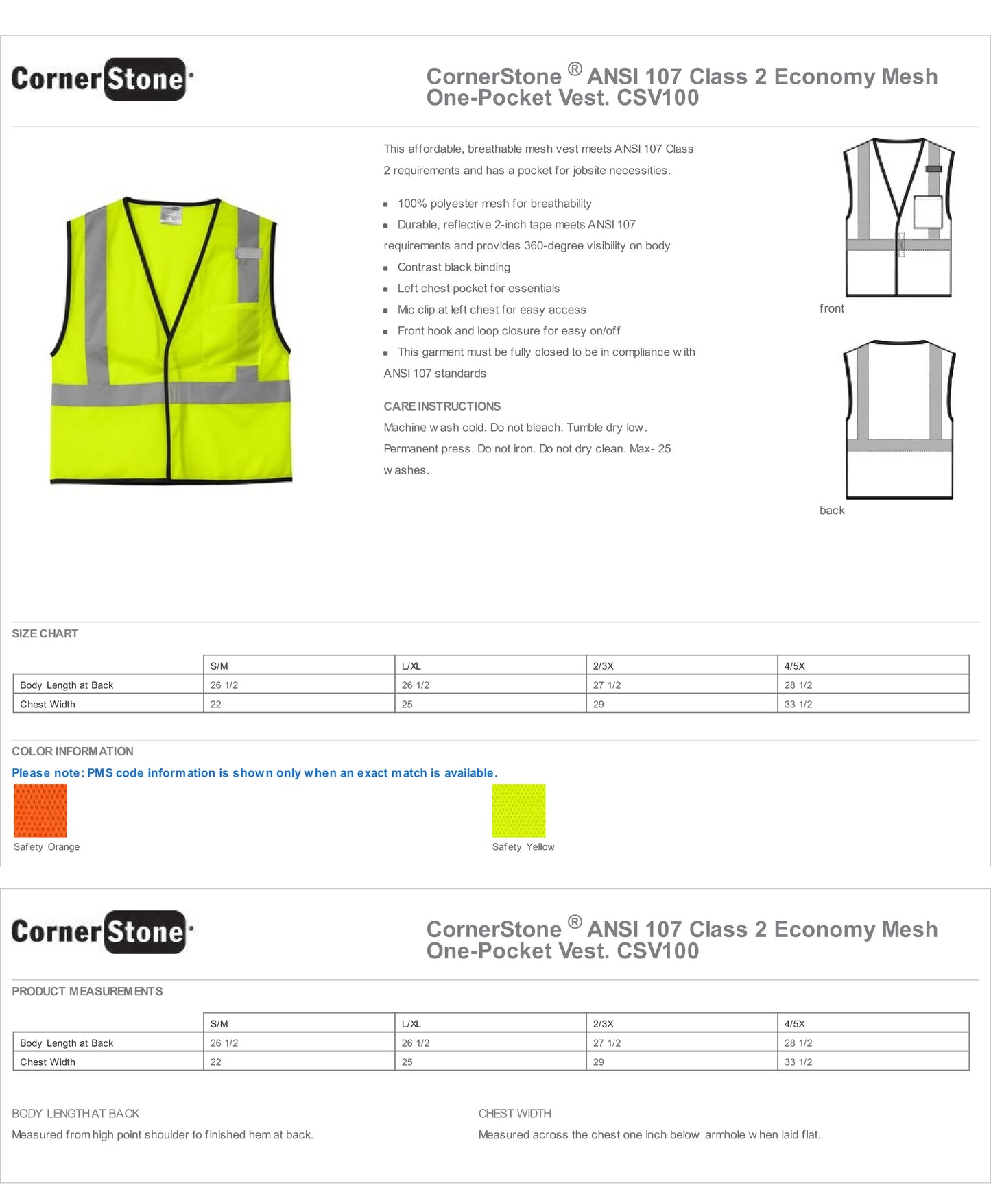 CSV100 CornerStone ANSI 107 Class 2 Economy Mesh One-Pocket Vest Custom w/ Solid or Reflective Print