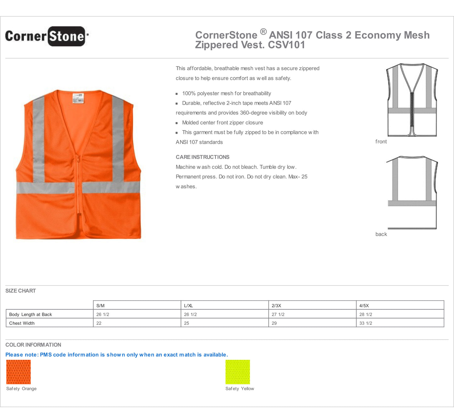 CSV101 CornerStone® ANSI 107 Class 2 Economy Mesh Zippered Vest Custom w/ Solid or Reflective Print