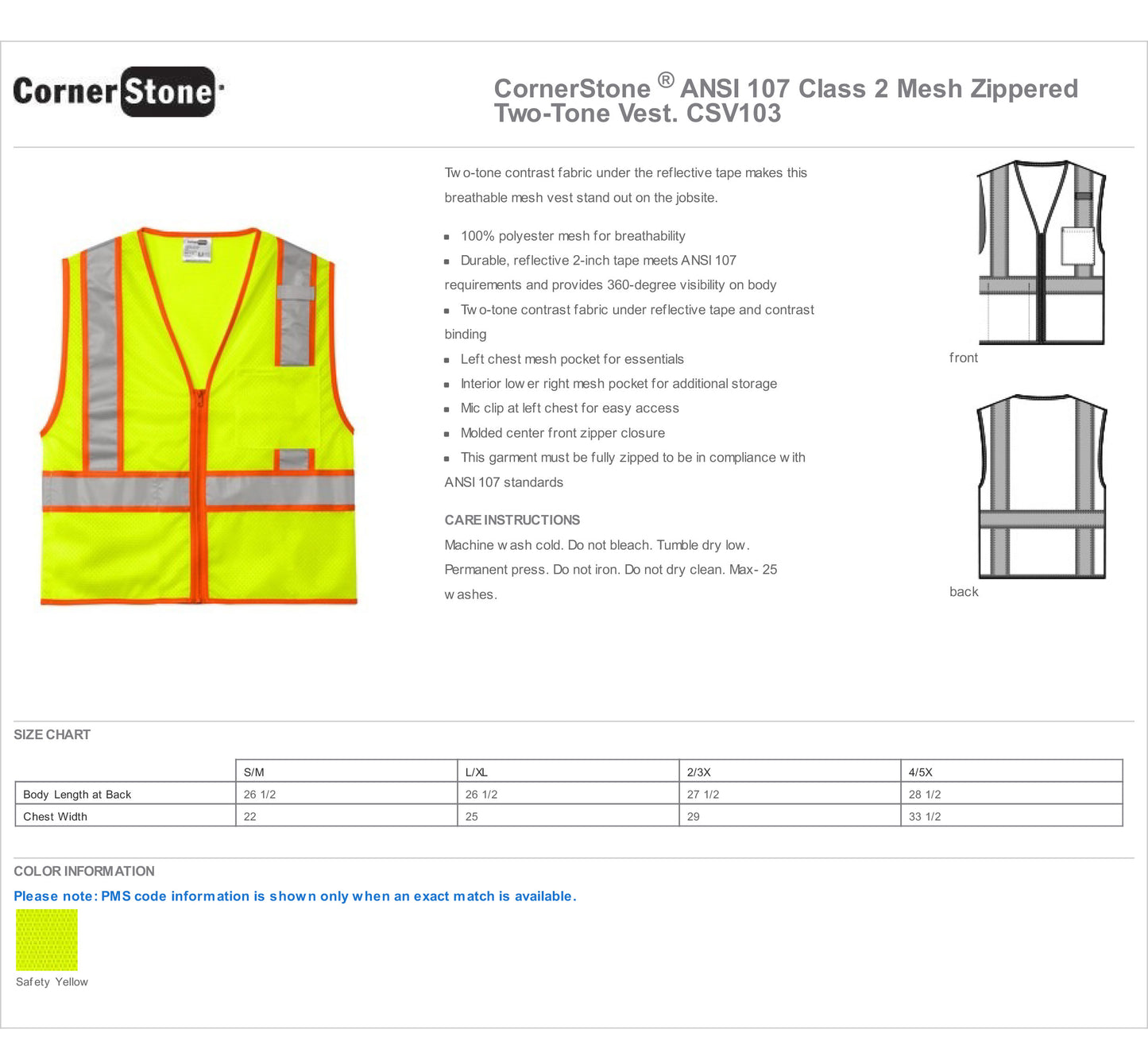CSV103 CornerStone® ANSI 107 Class 2 Mesh Zippered Two-Tone Vest Custom w/ Solid or Reflective Print