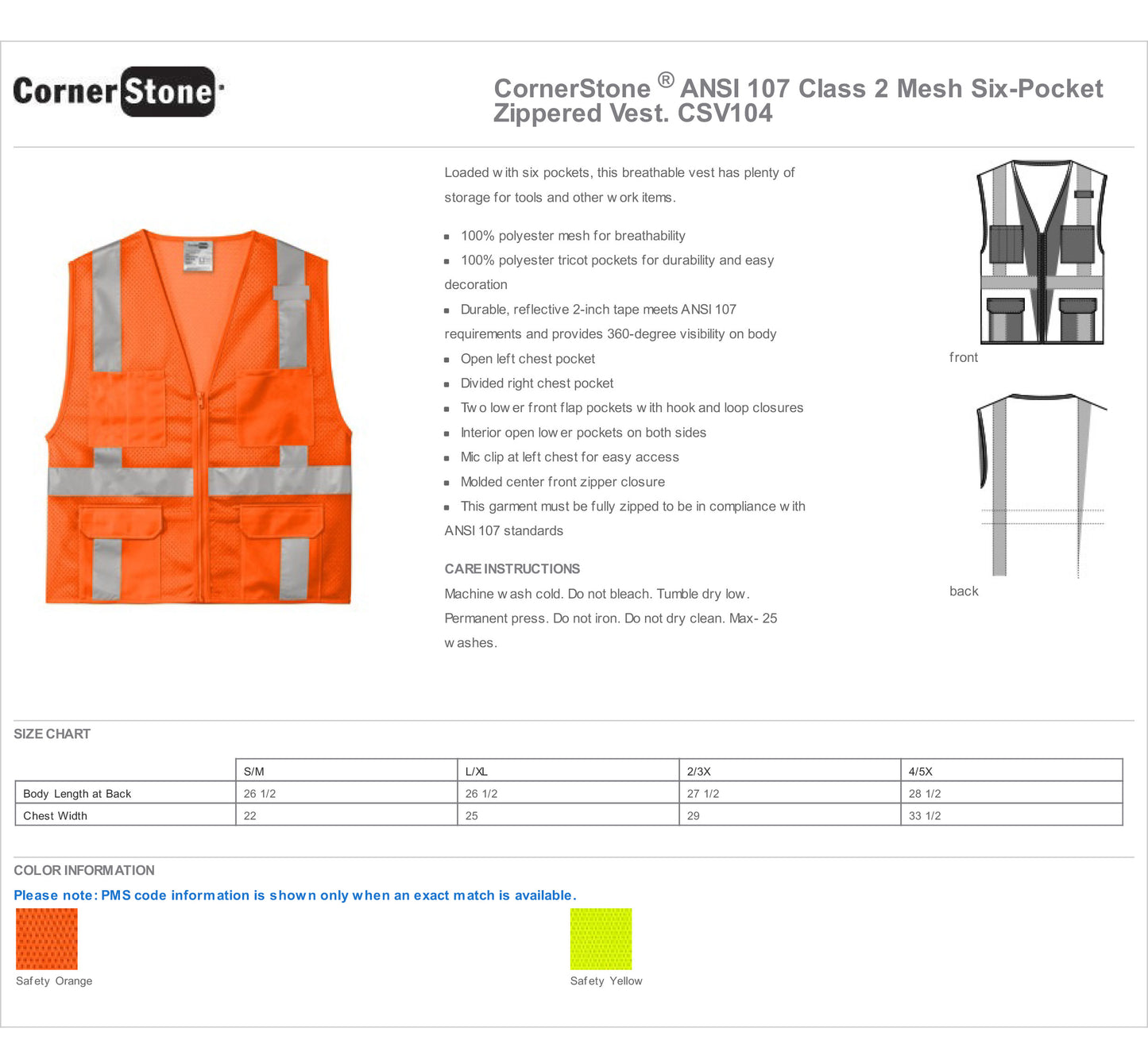 CSV104 CornerStone ANSI 107 Class 2 Mesh Six-Pocket Zippered Vest Custom w/ Solid or Reflective Print