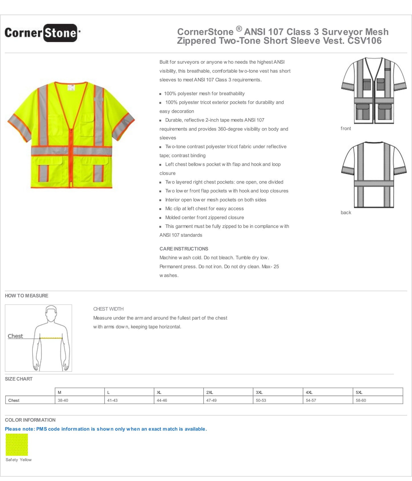 CSV106 CornerStone ANSI 107 Class 3 Surveyor Mesh Zippered Two-Tone Short Sleeve Vest Custom w/ Solid or Reflective Print
