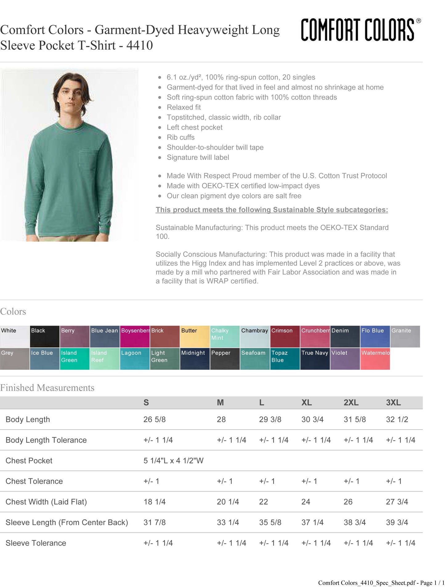 Comfort Colors - Garment-Dyed Heavyweight Long Sleeve Pocket T-Shirt - 4410