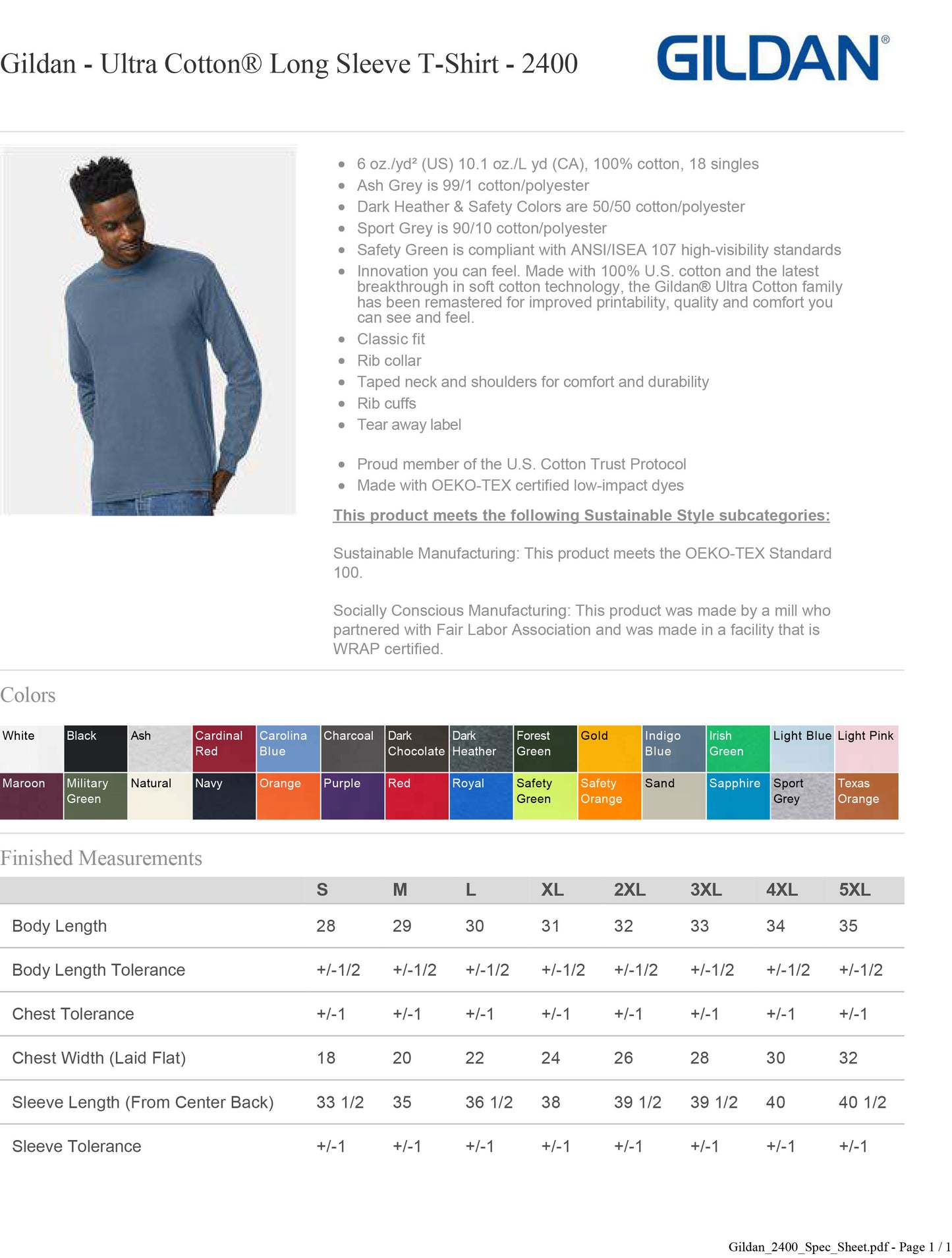 Gildan 2400 Safety Green Long Sleeve Cotton T-Shirt Meets ANSI / ISEA 107 Standards Tee