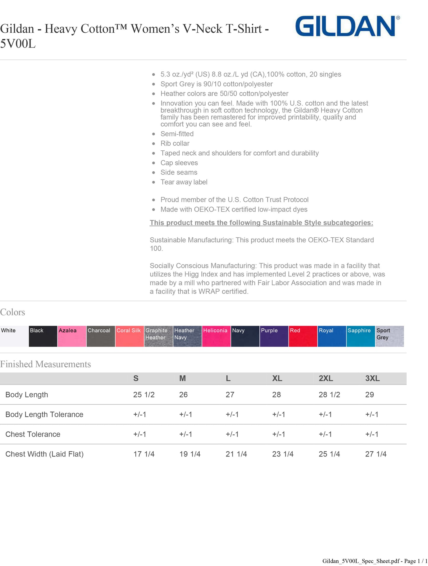 Gildan Heavy Cotton™ Women’s V-Neck T-Shirt - 5V00L
