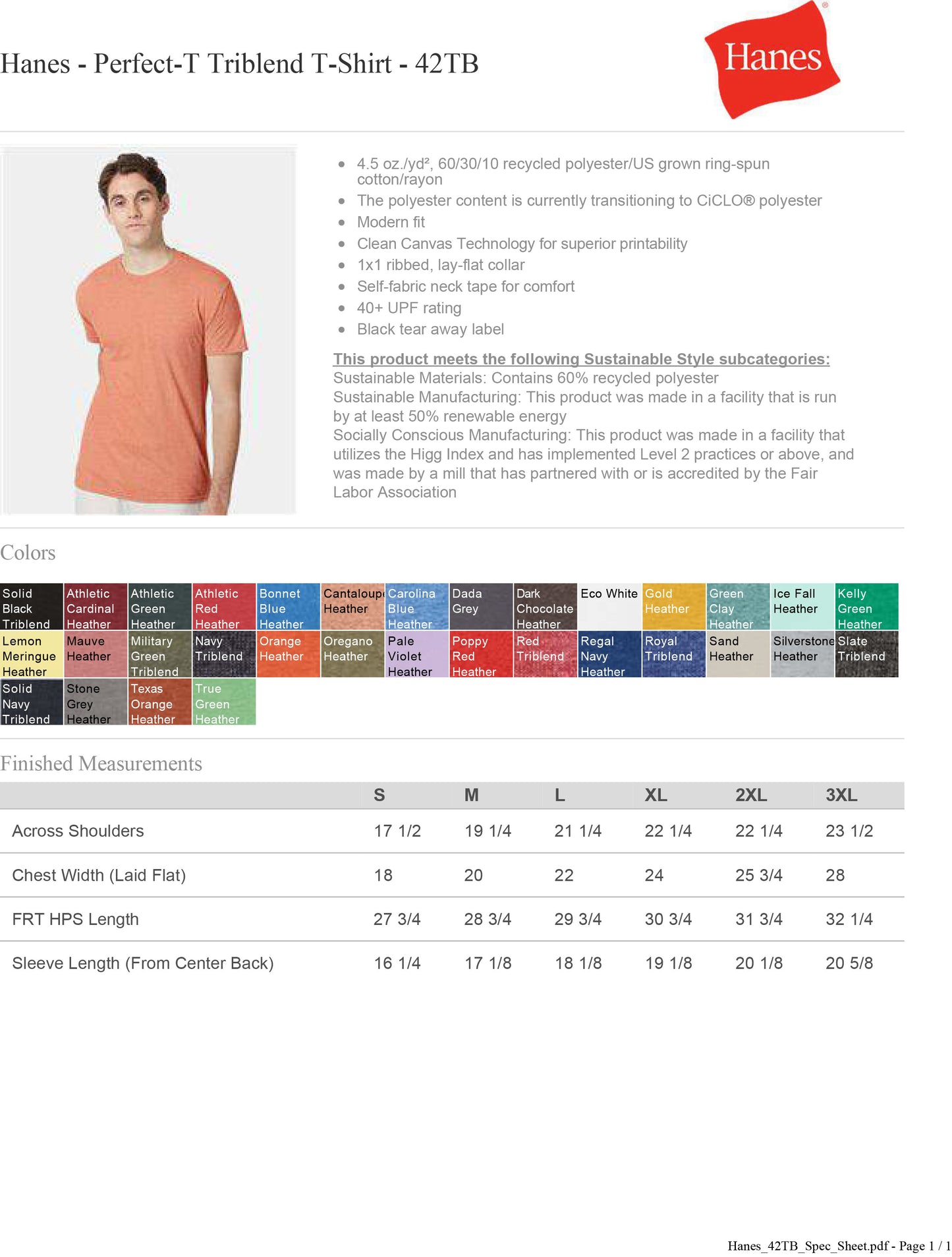Hanes - Perfect-T Triblend T-Shirt 40+ UPF- 42TB