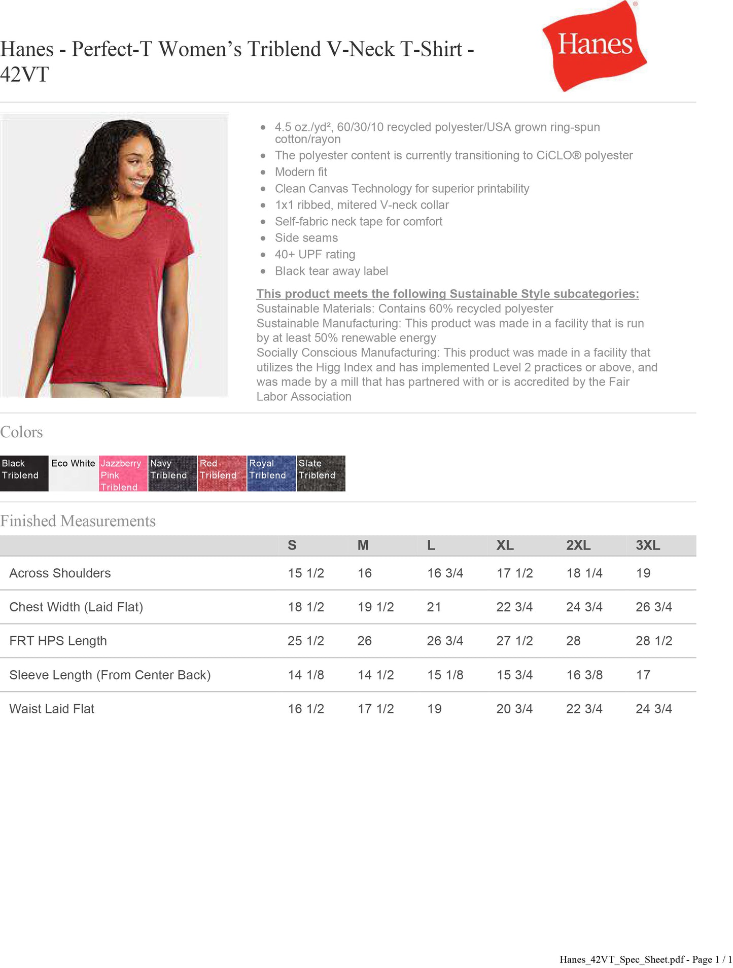 Hanes - Perfect-T Women’s Triblend V-Neck T-Shirt 40+ UPF - 42VT