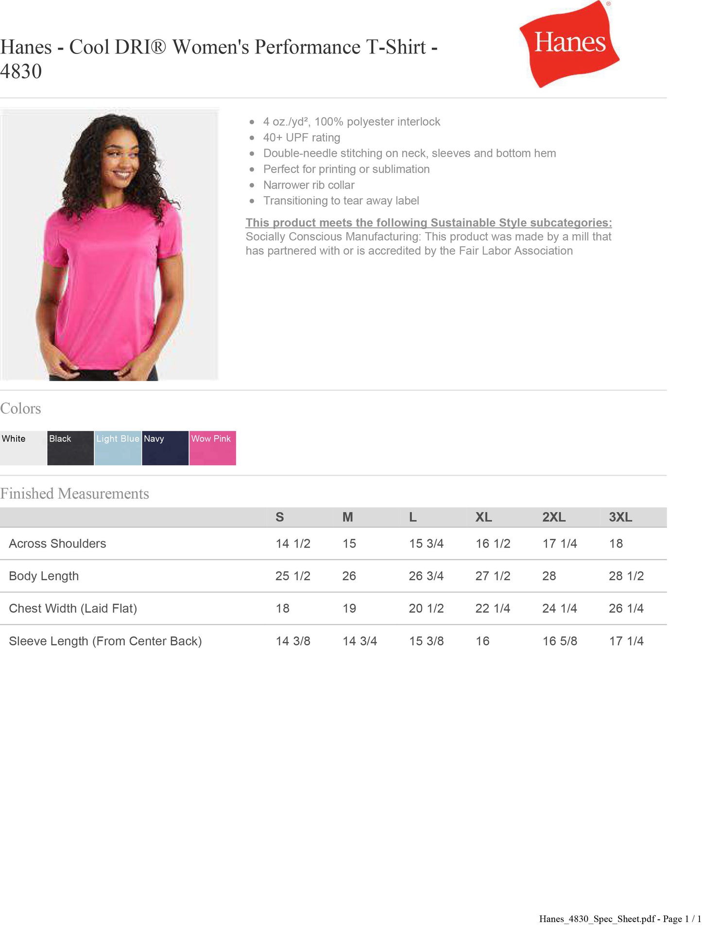 Hanes - Cool DRI® Women's Performance T-Shirt 40+ UPF - 4830