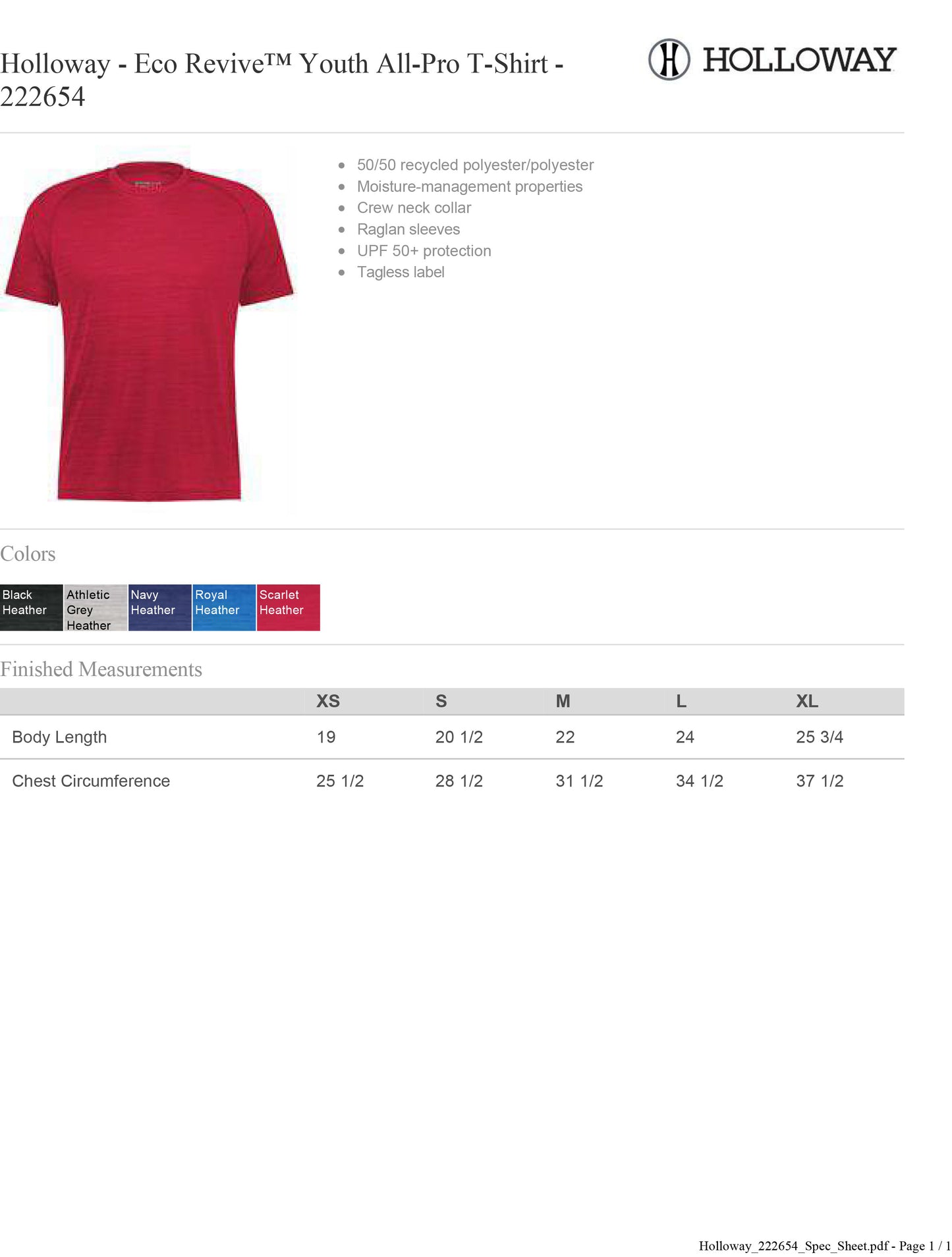 YOUTH Holloway - Eco Revive™ Youth All-Pro T-Shirt - 222654