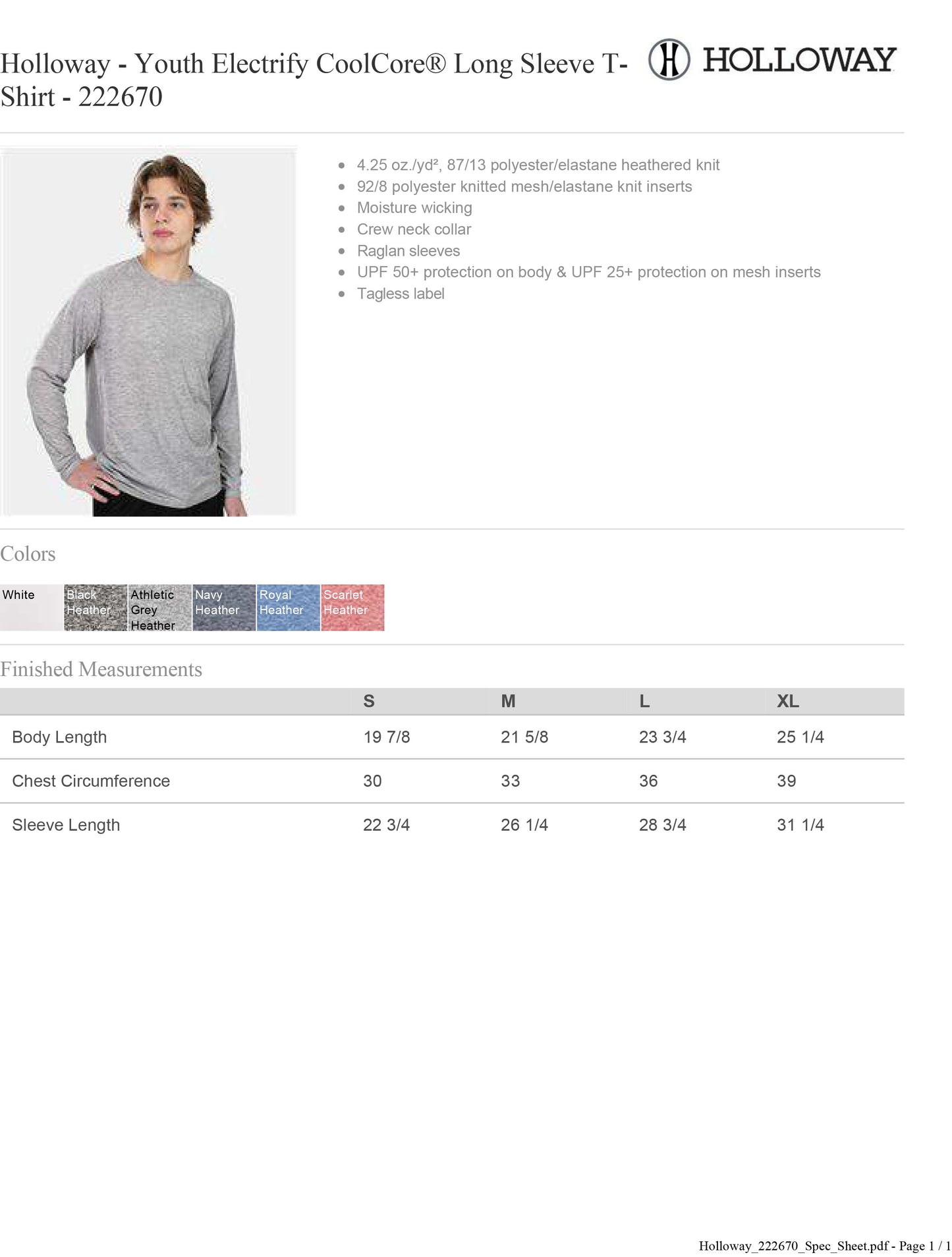 YOUTH Holloway - Youth Electrify CoolCore® Long Sleeve T-Shirt 50+ UPF - 222670