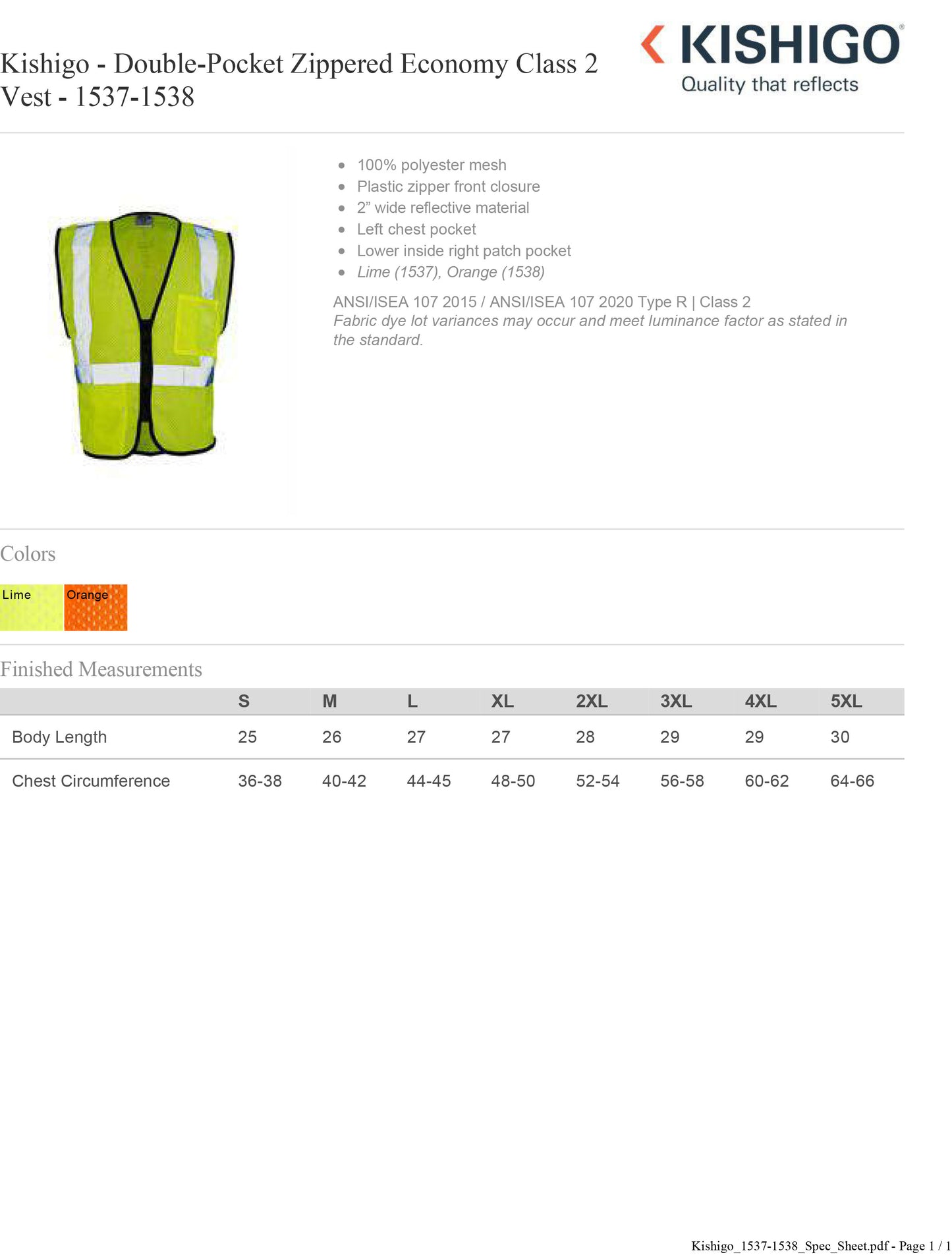 Kishigo - Double-Pocket Zippered Economy Class 2 Vest - 1537-1538 Custom w/ Solid or Reflective Print