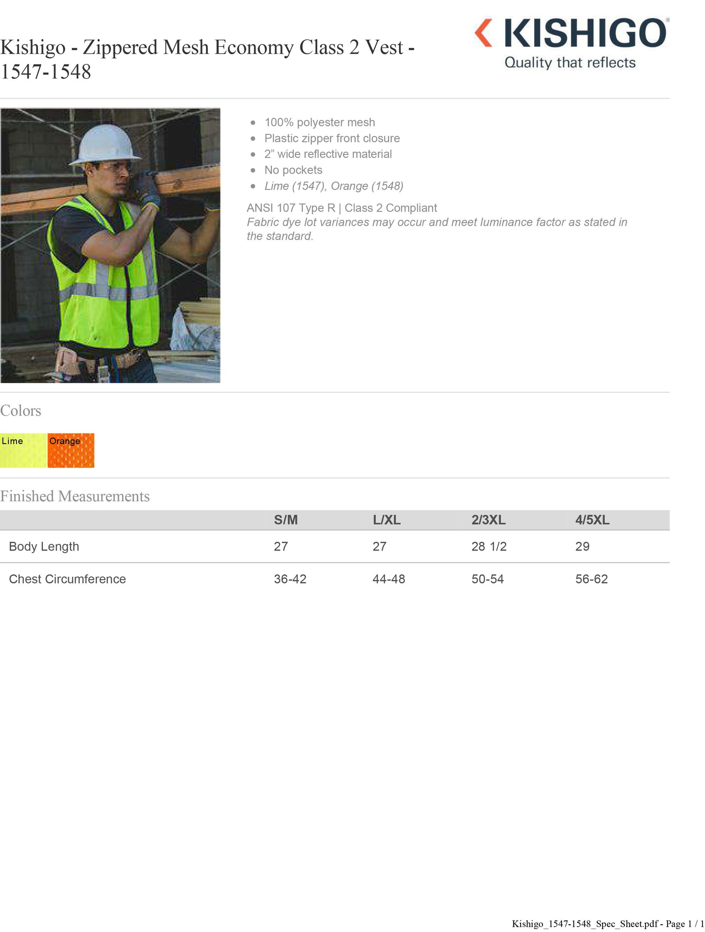 Kishigo - Zippered Mesh Economy Class 2 Vest - 1547-1548 Custom w/ Solid or Reflective Print