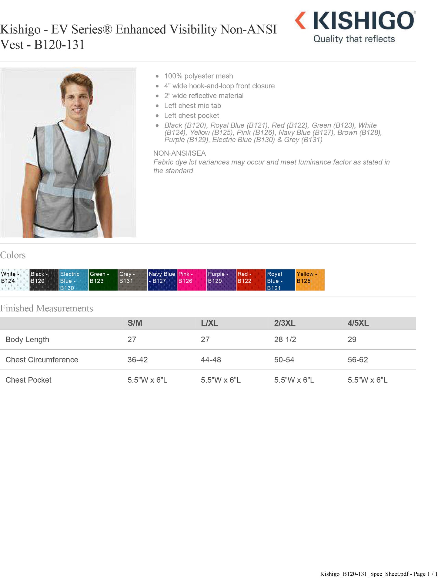 Kishigo - EV Series® Enhanced Visibility Non-ANSI Vest - B120-131 Custom w/ Solid or Reflective Print