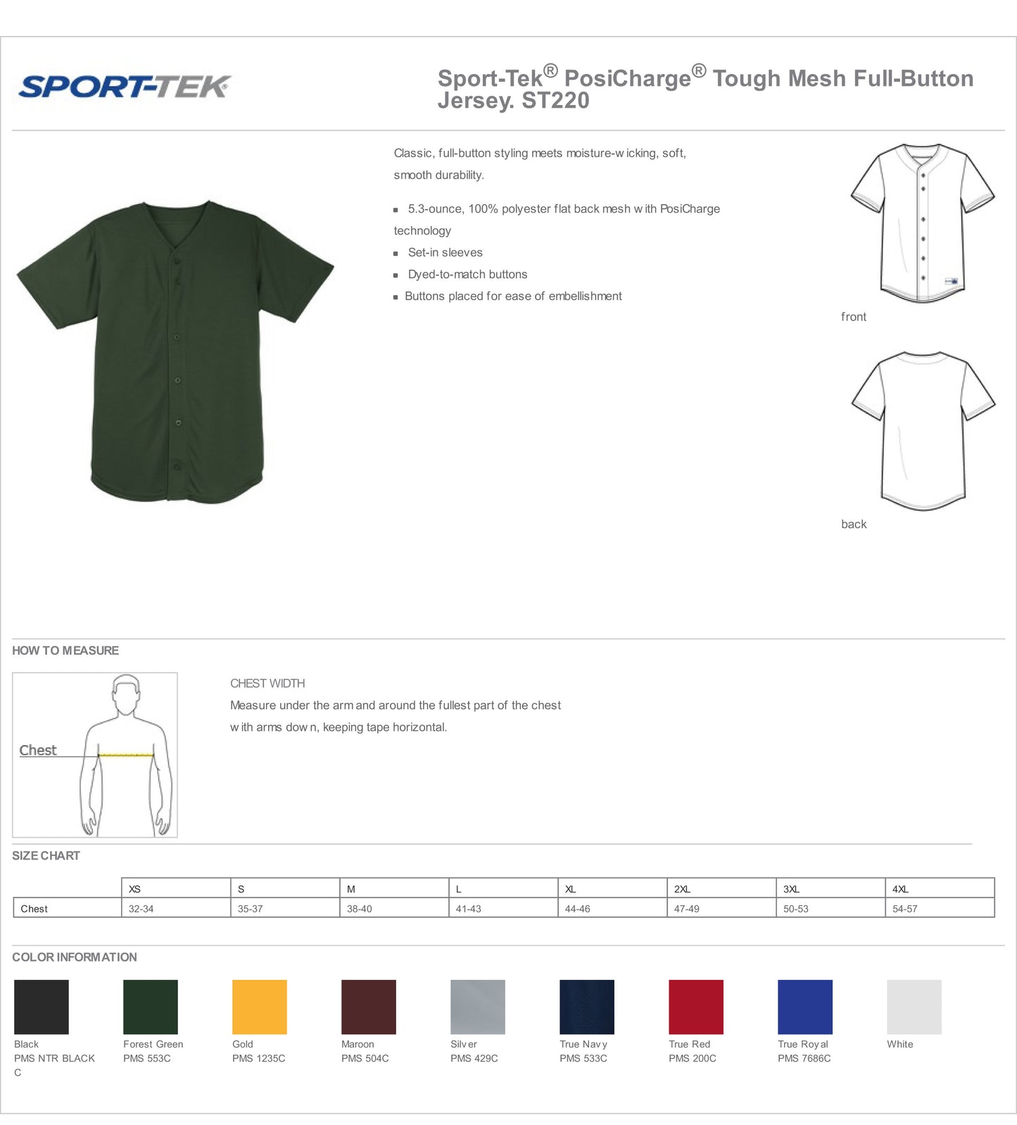 Customized ST220 Sport-Tek® PosiCharge® Tough Mesh Full-Button Jersey