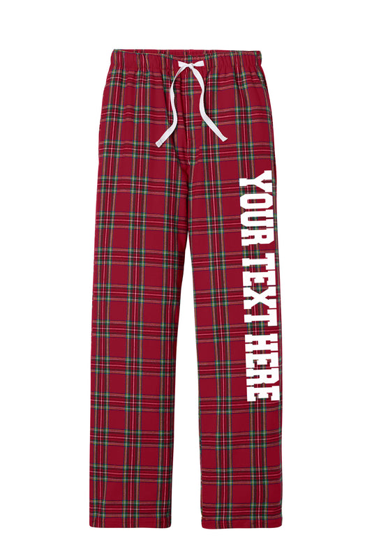 District Unisex Red and Green Holiday Flannel Pants with Pockets w/ Custom Text/Logo