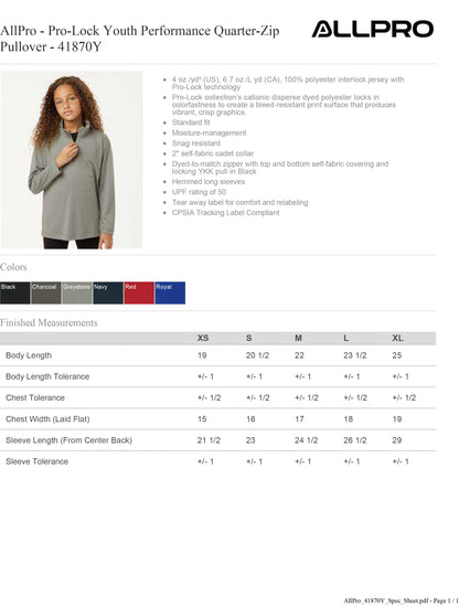 YOUTH AllPro - Pro-Lock Youth Performance Quarter-Zip Pullover 50+ UPF - 41870Y