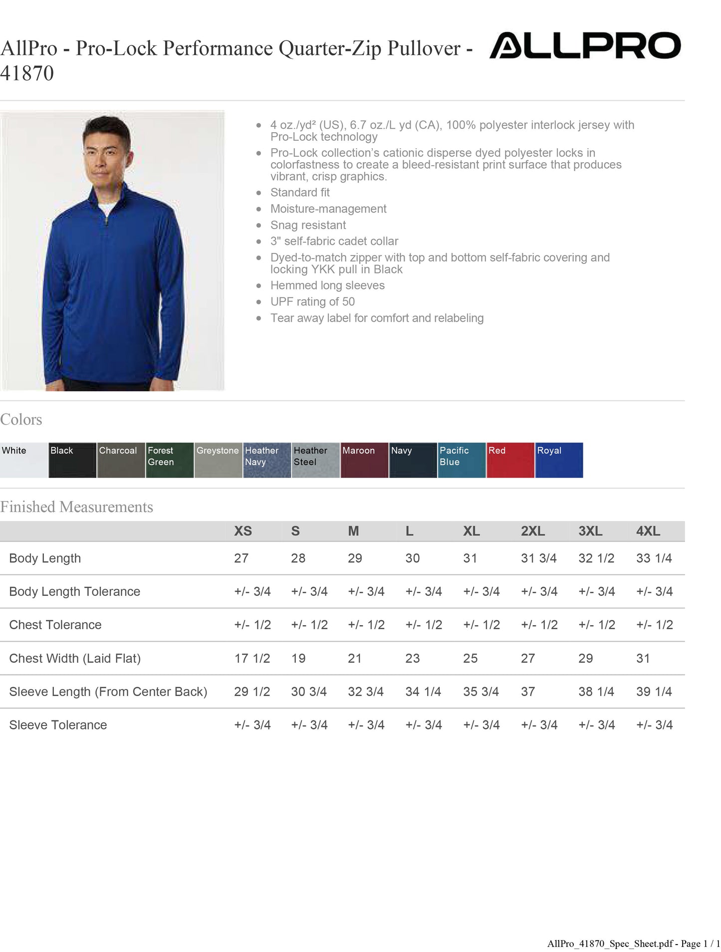 Adult AllPro - Pro-Lock Performance Quarter-Zip Pullover 50+ UPF - 41870
