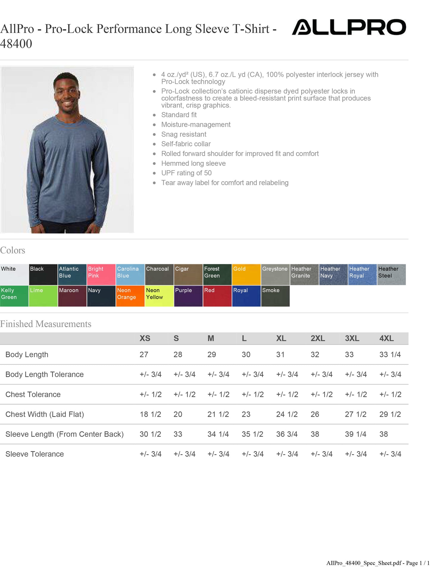 ADULT AllPro - Pro-Lock Performance Long Sleeve T-Shirt 50+ UPF - 48400