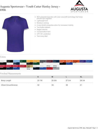 YOUTH Augusta Sportswear - Youth Cutter Henley Jersey 50+ UPF - 6906