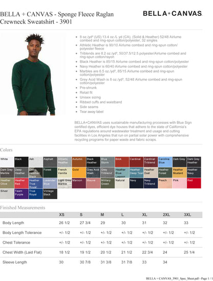 BELLA + CANVAS - Sponge Fleece Raglan Crewneck Sweatshirt - 3901