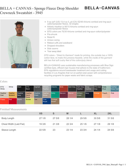BELLA + CANVAS - Sponge Fleece Drop Shoulder Crewneck Sweatshirt - 3945