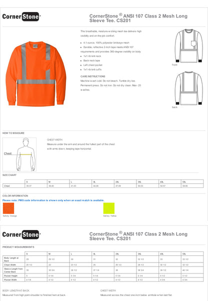 CS201 CornerStone® ANSI 107 Class 2 Mesh Long Sleeve Tee Custom w/ Solid or Reflective Print