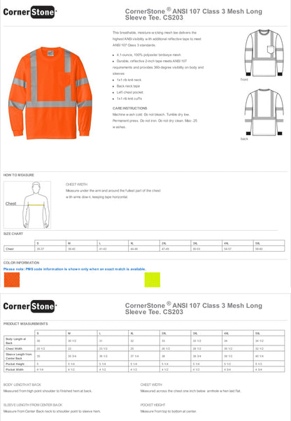 CS203 CornerStone® ANSI 107 Class 3 Mesh Long Sleeve Tee Custom w/ Solid or Reflective Print